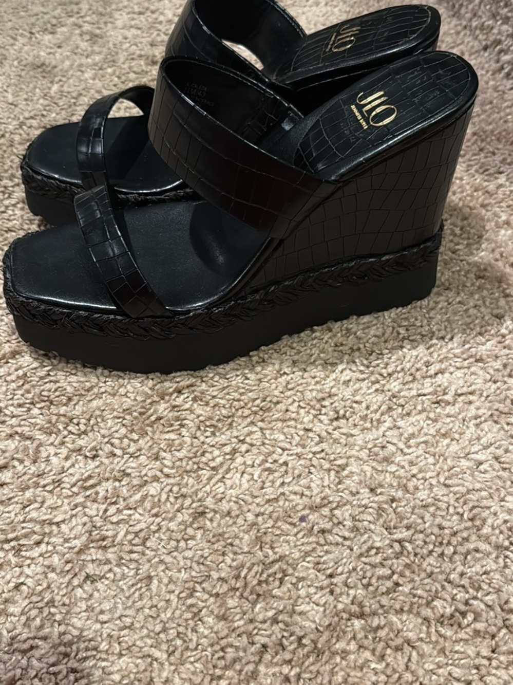 Jennifer Lopez Black Croc-Embossed Platform Wedge Sandals